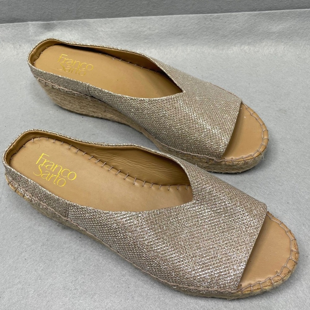 Franco Sarto Espadrille Wedge Sandals Womens 8 Gold Glitter Platform Slides